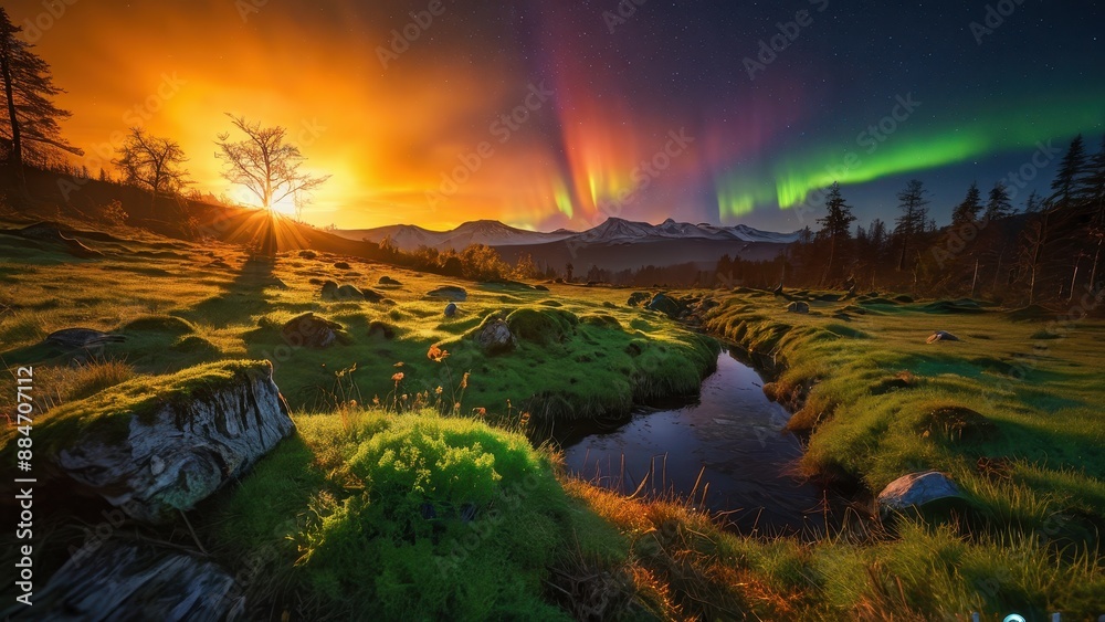 Naklejka premium Aurora Borealis over Mountains with Stream.