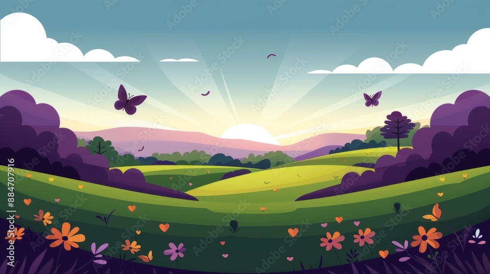 Fototapeta premium Colorful Sunrise Landscape with Butterflies and Flowers.
