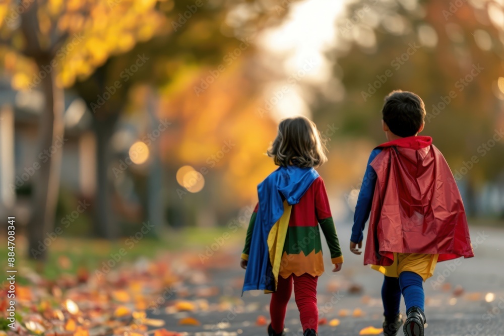 Group of kids in superhero costumes trick-or-treating in a suburban neighborhood, surrounded by colorful autumn leaves. Festive and playful spirit of Halloween. Excitement and joy of Halloween evening