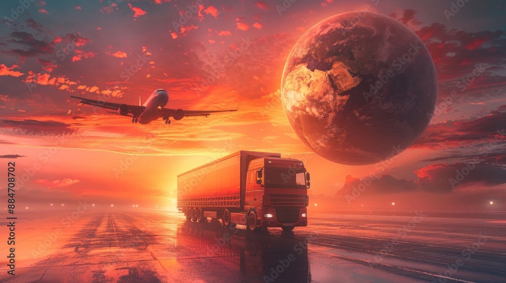 A red truck is driving on a road with a large planet in the background A red truck is driving on a road with a large planet in the background