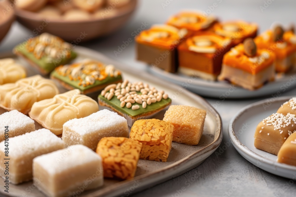 Assortment of traditional and modern Diwali sweets, beautifully presented on ornate platters, gift boxes nearby