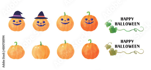 Cute Halloween pumpkins isolated on white background. Watercolor hand drawn pumpkins set. Frame, decoration, background. Autumn illustration material.