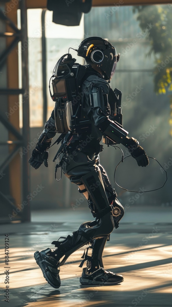A wearable robotics suit in an industrial setting, with a worker using the powered exoskeleton for heavy lifting, illustrating the benefits of wearable technology in industrial applications A wearable robotics suit in an industrial setting, with a worker using the powered exoskeleton for heavy lifting, illustrating the benefits of wearable technology in industrial applications
