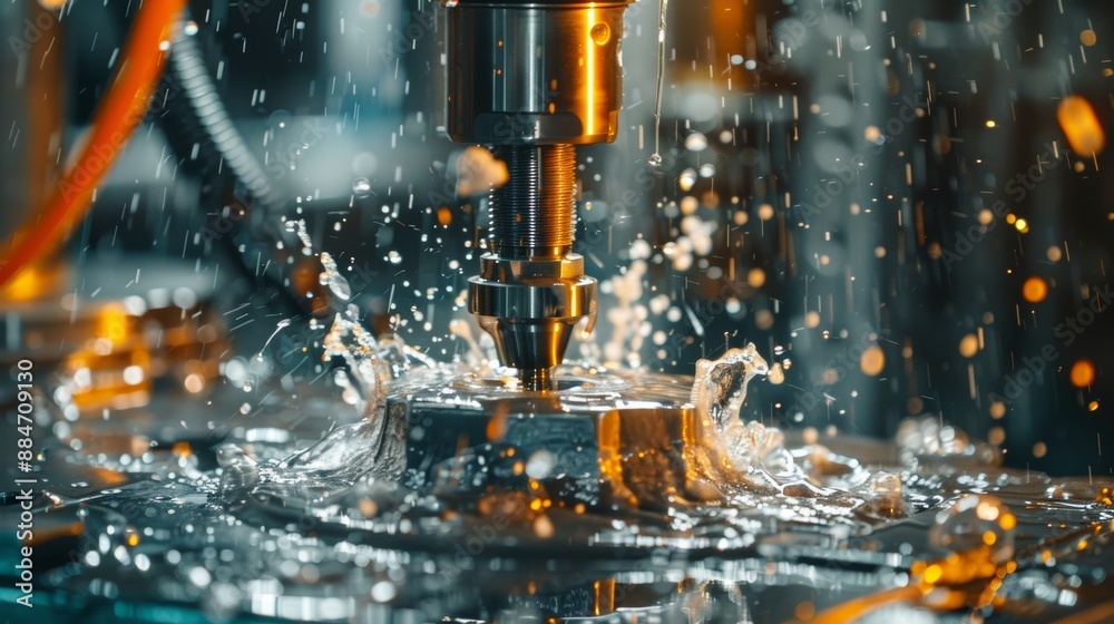 CNC milling machine cuts mold parts by oil cooling method. Mold and mold production process with CNC Machining Center CNC milling machine cuts mold parts by oil cooling method. Mold and mold production process with CNC Machining Center