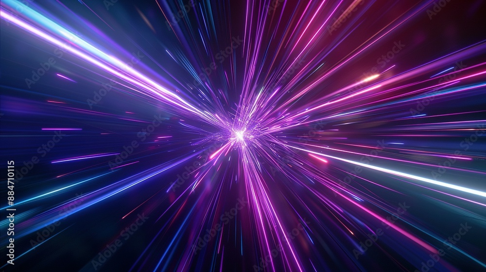 Blue and Purple Light Lines on Dark Background: 3D Hyperspace Visualization Blue and Purple Light Lines on Dark Background: 3D Hyperspace Visualization