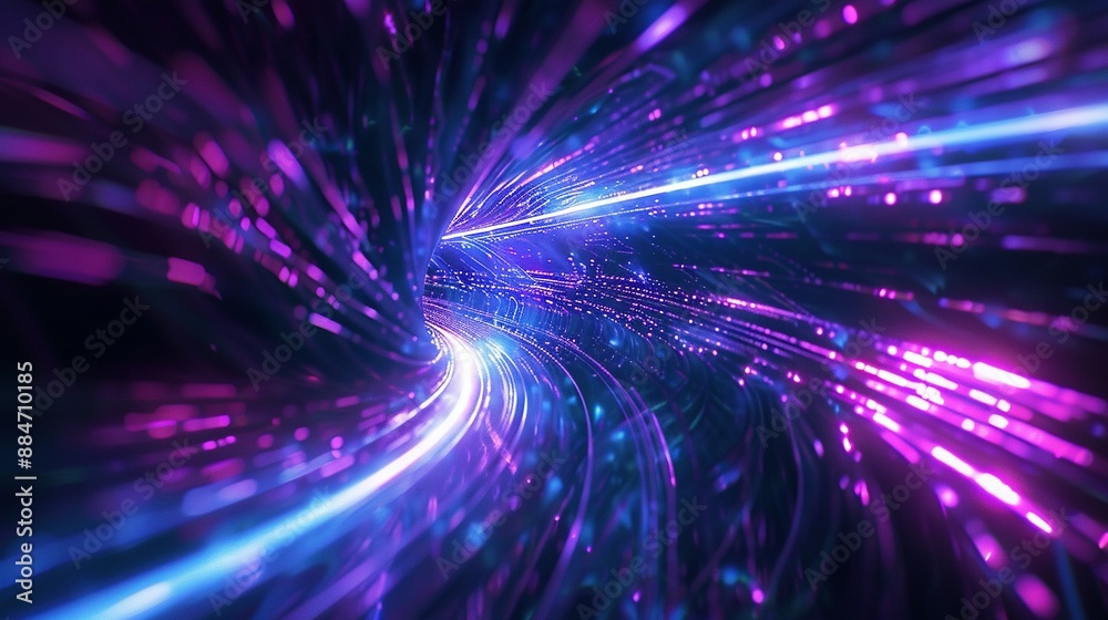 Fototapeta premium Blue and Purple Light Lines on Dark Background: 3D Hyperspace Visualization