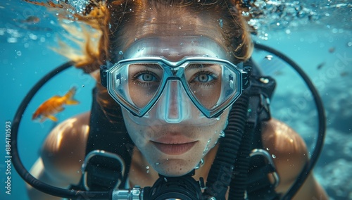 Wallpaper Mural Female Scuba Diver Underwater with Coral Reef and Fish - Wearing Full Scuba Gear and Goggles, Holding Oxygen Tank Mouthpiece, Unsplash Photography Style
 Torontodigital.ca