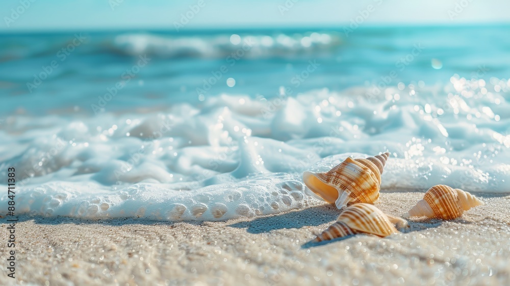 Tropical sandy beach, sea waves and sea shells. Tropical background. Macro ocean foam and white sand with narrow focus background. Travel and vacation ideas Tropical sandy beach, sea waves and sea shells. Tropical background. Macro ocean foam and white sand with narrow focus background. Travel and vacation ideas