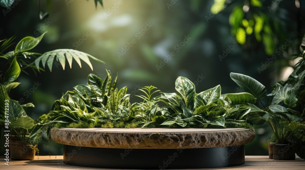 podium product stand or display with leaf, green background and cinematic light podium product stand or display with leaf, green background and cinematic light