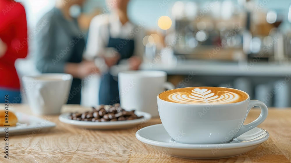A beautifully crafted latte with elegant latte art in a white cup on a wooden table in a cozy cafe scene. A beautifully crafted latte with elegant latte art in a white cup on a wooden table in a cozy cafe scene.