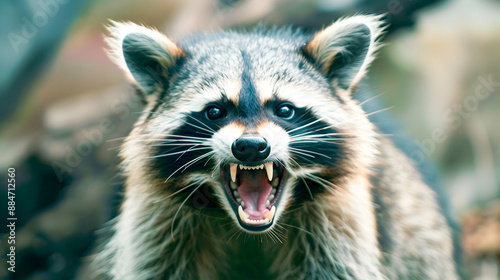 Closeup portrait of an angry ferocious raccoon with open mouth snarling and showing sharp teeth ready to attack in a confrontational and aggressive stance