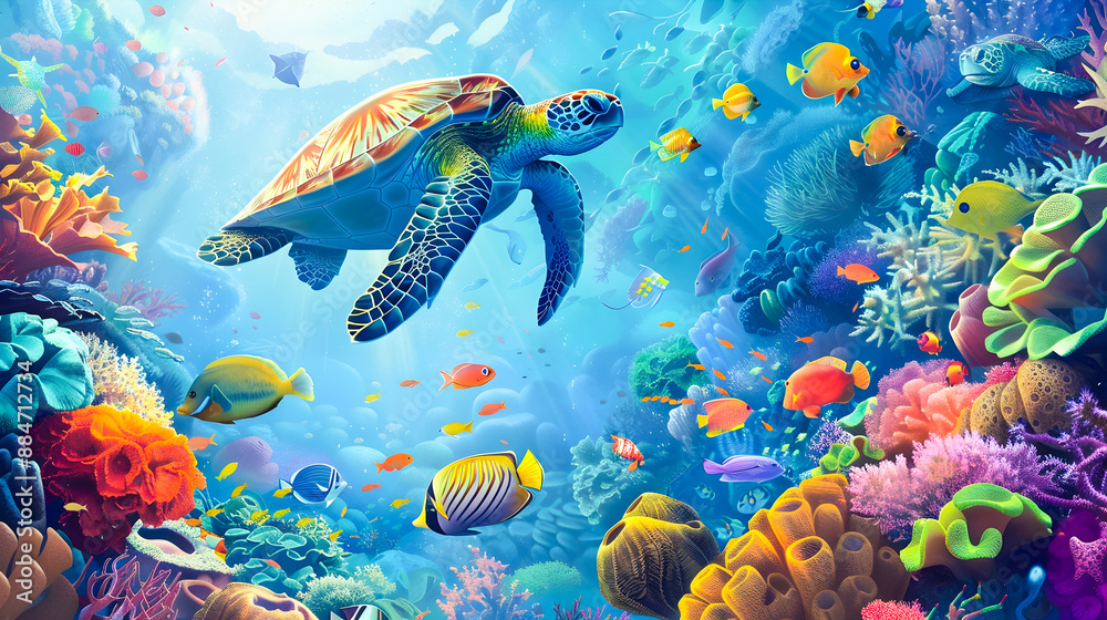 Vibrant Underwater Coral Reef Teeming with Diverse Marine Life and Captivating Sea Turtle A stunning Vibrant Underwater Coral Reef Teeming with Diverse Marine Life and Captivating Sea Turtle A stunning