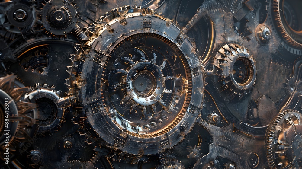 Fototapeta premium Mesmerizing Metallic Gears and Intricate Mechanical Patterns in Retrofuturistic Style