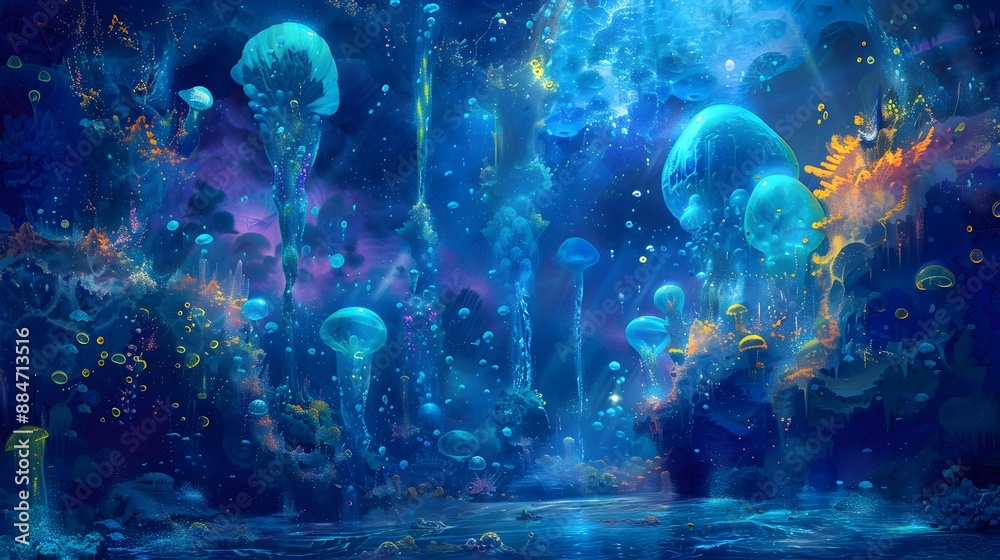 Bioluminescent Underwater Cryptocurrency Research Lab with Surreal Aquatic Creatures and Vivid Liquid Crystal Formations Bioluminescent Underwater Cryptocurrency Research Lab with Surreal Aquatic Creatures and Vivid Liquid Crystal Formations