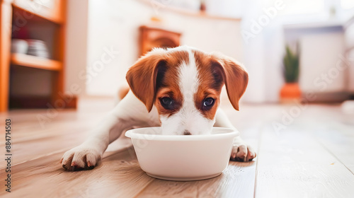 Cute and playful puppy happily dining from a white bowl in a stylish contemporary living room setting  The scene showcases the pet s mealtime routine within a well designed cozy home environment photo