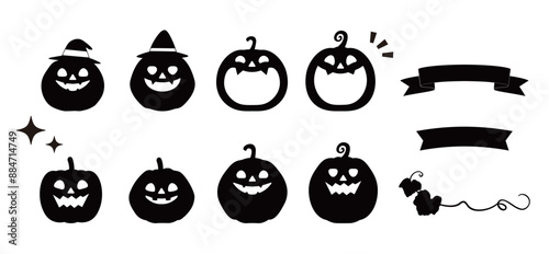 Cute Halloween pumpkin silhouettes isolated on white background. Hand drawn pumpkins set. Frame, decoration, background. Autumn illustration material.