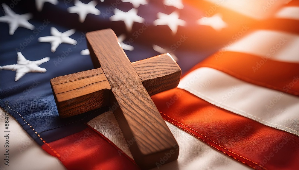 Fototapeta premium Christianity and Patriotism: Wooden Cross on American Flag