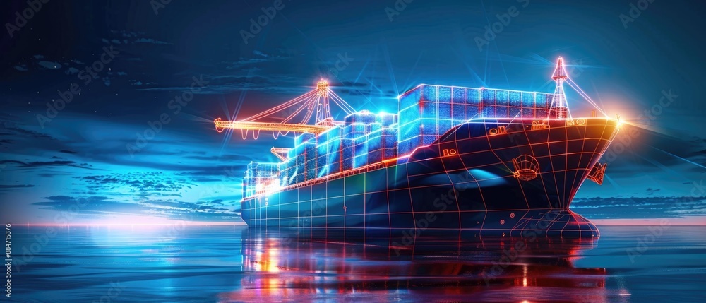 3d model of a container ship, glowing wire-frame neon lines over black background 3d model of a container ship, glowing wire-frame neon lines over black background