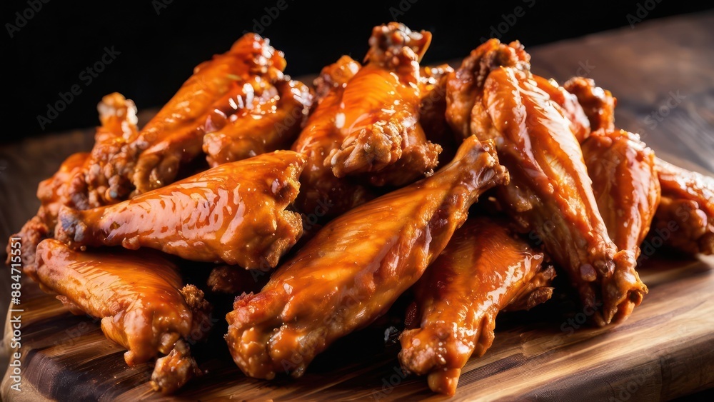 wings on a wooden cutting board with sauce on them wings on a wooden cutting board with sauce on them