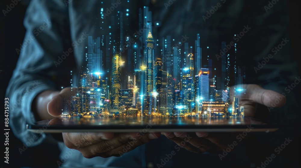 Fototapeta premium Digital Cityscape in Hands - Technology and Urban Development