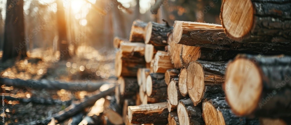 Lumber in the forest, cut wooden logs in the stack. Logging, harvesting wood for fuel and firewood Lumber in the forest, cut wooden logs in the stack. Logging, harvesting wood for fuel and firewood