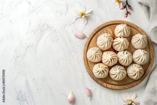 Board and plate of tasty Modak with on white background. photo