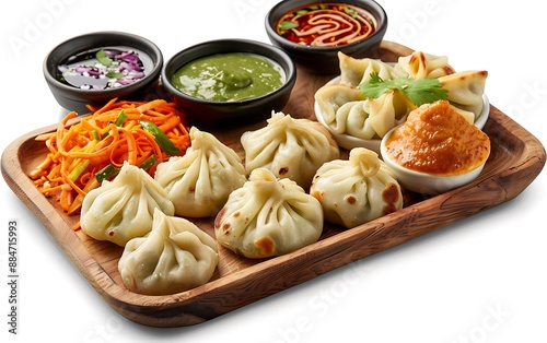 Board and plate of tasty Momos with on white background.