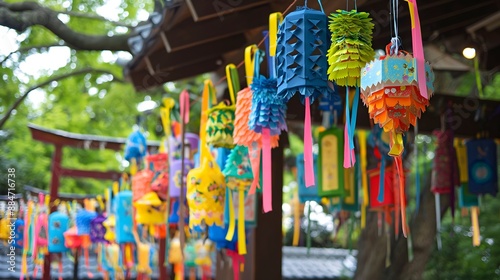 31. A traditional Japanese Tanabata festival with colorful paper lanterns, wish ribbons, and festive decorations photo