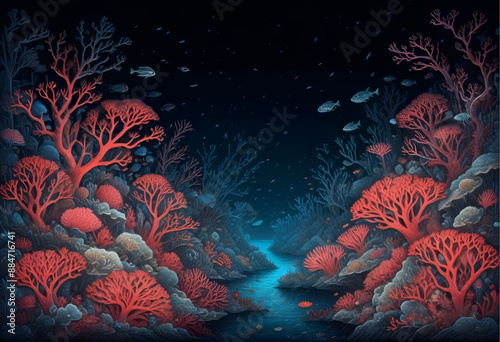 A scene from the ocean at night. There are coral reefs on either side of the image and fish swimming through the water.