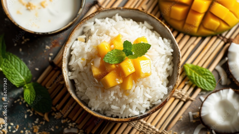 Overhead shot of Mango Sticky Rice served on a bamboo mat, highlighting the vibrant colors and textures, with a side of coconut milk in a small bowl and a garnish of fresh mint leaves, Balanced Overhead shot of Mango Sticky Rice served on a bamboo mat, highlighting the vibrant colors and textures, with a side of coconut milk in a small bowl and a garnish of fresh mint leaves, Balanced