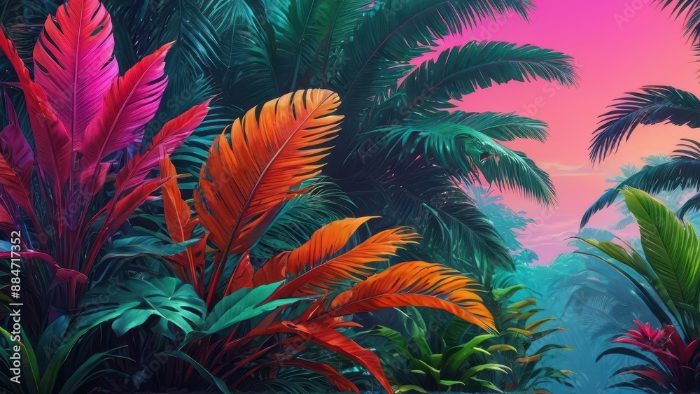 Tropical Sunset with Palm Leaves.