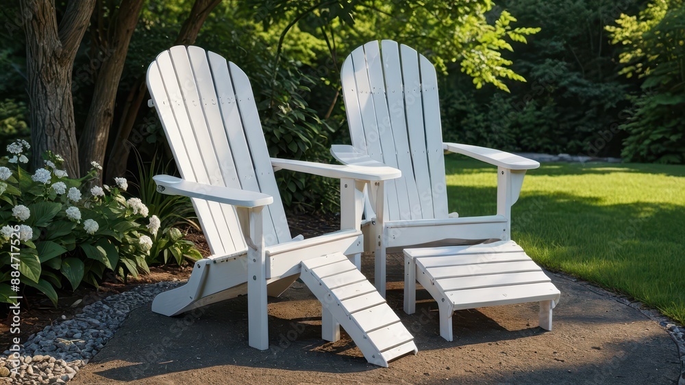 Two White Adirondack Chairs and a Footrest in a Green Garden. Two White Adirondack Chairs and a Footrest in a Green Garden.