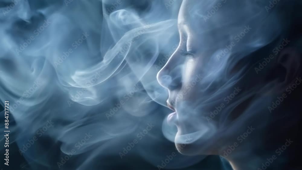 A close-up of a woman's face partially obscured by swirling smoke in low light. She appears contemplative as the smoke creates an ethereal effect around her. The scene is moody and mystical. A close-up of a woman's face partially obscured by swirling smoke in low light. She appears contemplative as the smoke creates an ethereal effect around her. The scene is moody and mystical.
