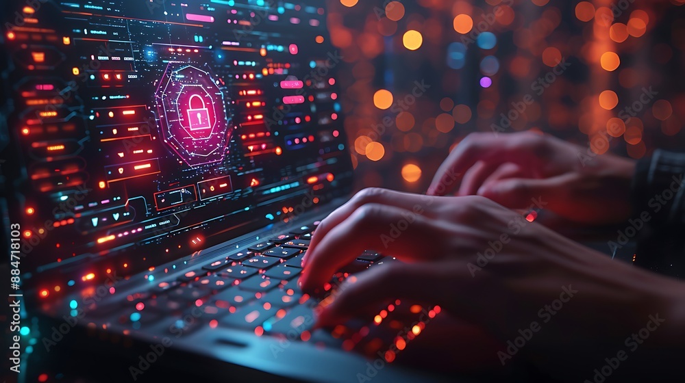  Woman using a laptops computer show a Privacy Lock icon on virtual screen interfaces 