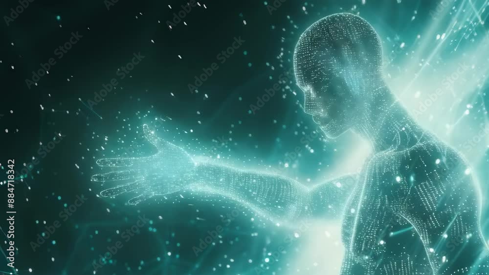 A futuristic digital human hologram extends an arm in a glowing matrix pattern in cyberspace. The male figure appears in a dark blue setting with a sense of connectivity and technology. A futuristic digital human hologram extends an arm in a glowing matrix pattern in cyberspace. The male figure appears in a dark blue setting with a sense of connectivity and technology.