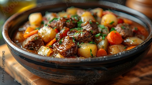 A bowl of hearty stew with carrots and chunks of meat.