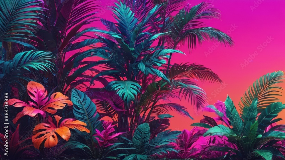 Tropical Jungle Plants in Neon Light.
