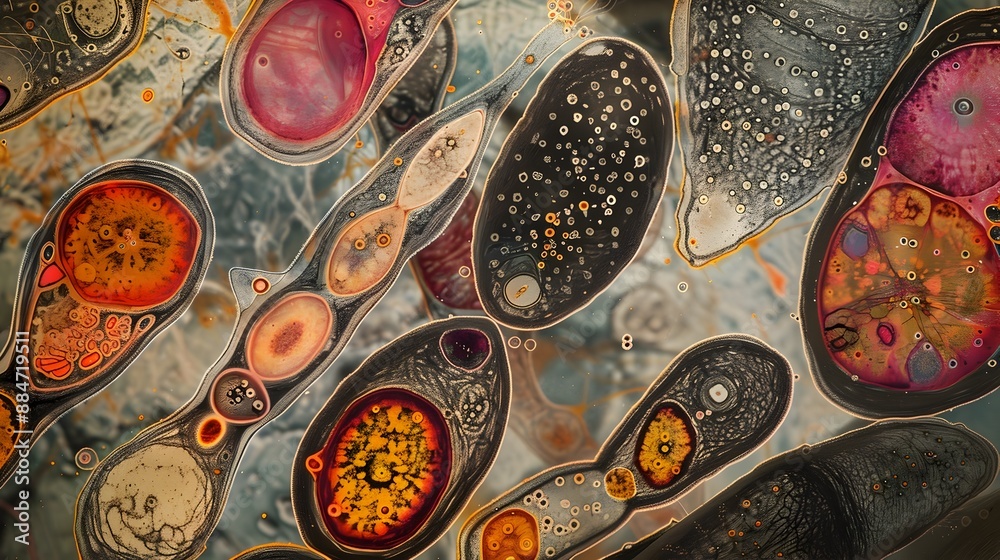 Fototapeta premium Detailed Photomicrograph Showcasing the Intricate Patterns and Vibrant Hues of Mitotic Chromosomes