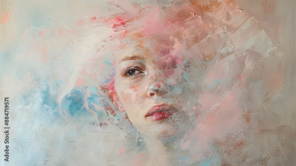 Whimsical Ethereal Portrait of Luminous Dreamlike Woman with Pastel Brushstrokes Whimsical Ethereal Portrait of Luminous Dreamlike Woman with Pastel Brushstrokes