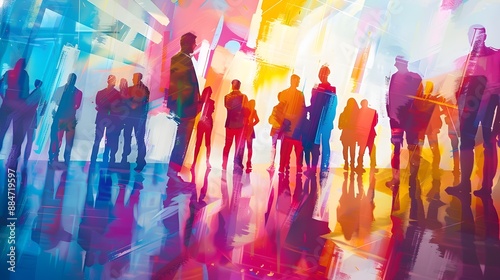 Diverse Collaborative Leaders Gathered in Vibrant Abstract Setting © Varunee
