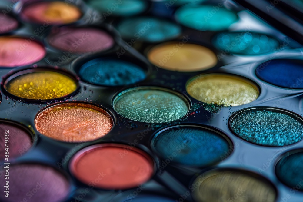 Closeup of a vibrant and colorful eyeshadow palette with highresolution detail showcasing a variety of professional powdered pigments for creative makeup application and artistic beauty industry Closeup of a vibrant and colorful eyeshadow palette with highresolution detail showcasing a variety of professional powdered pigments for creative makeup application and artistic beauty industry
