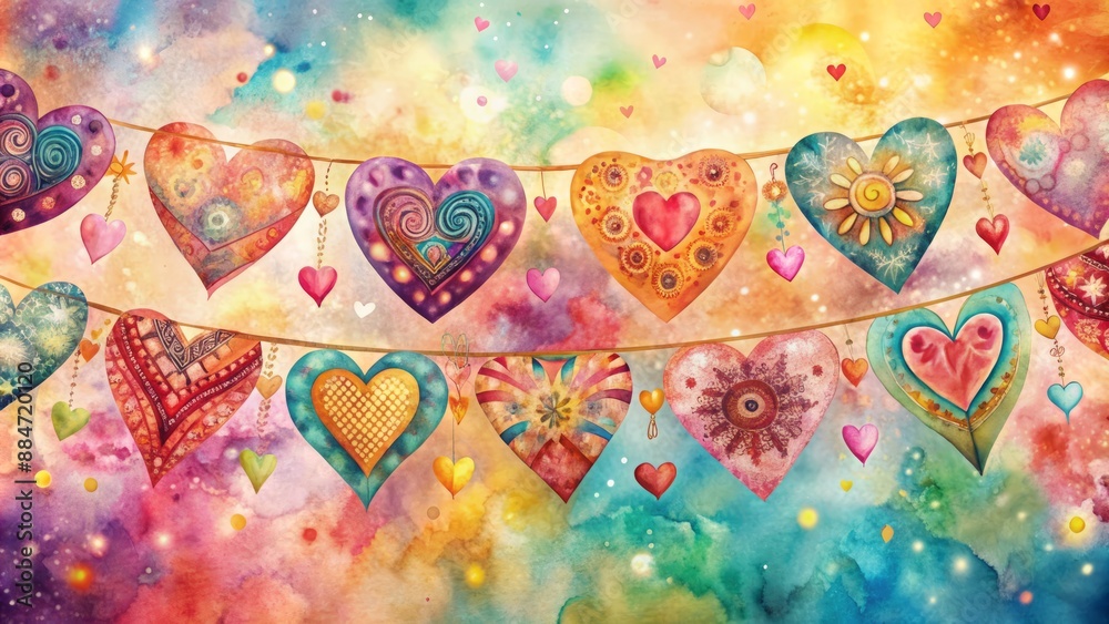 Fototapeta premium Vibrant watercolor abstract hearts dance across a whimsical bohemian-inspired banner, perfect for Valentine's Day digital backgrounds and wide-screen wallpapers.