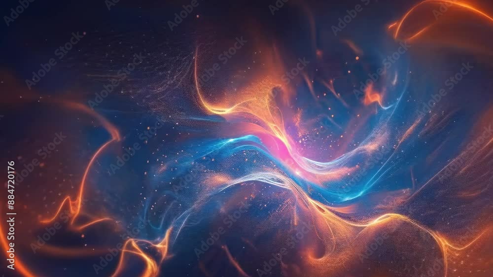 Abstract digital art featuring vibrant neon swirls of blue, orange, and pink on a dark background. The luminous patterns create a dynamic and energetic atmosphere, resembling cosmic or fluid