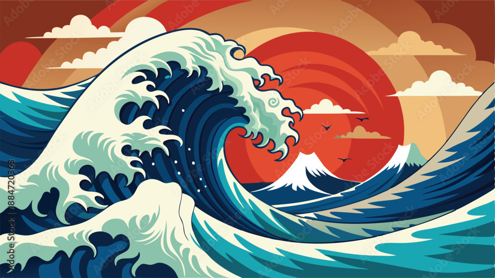 Japanese wave. Japanese big waves, raging ocean and vintage sea water vector illustration. Japanese wave background template Japanese wave. Japanese big waves, raging ocean and vintage sea water vector illustration. Japanese wave background template