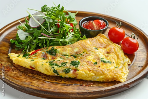 Board and plate of tasty Omelette with on white background. photo
