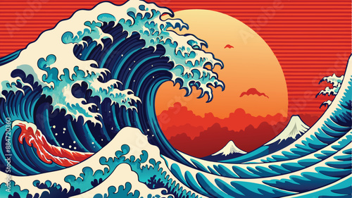 Japanese wave. Japanese big waves, raging ocean and vintage sea water vector illustration. Japanese wave background template