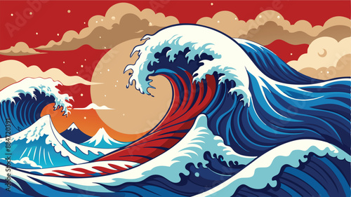 Japanese wave. Japanese big waves, raging ocean and vintage sea water vector illustration. Japanese wave background template