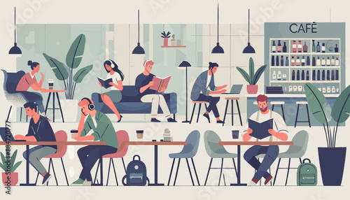 Concept of the image of people spending time in a café.
Vector illustration.