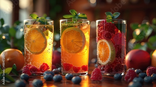 Refreshing Summer Drinks with Lemon and Raspberry © Balerinastock