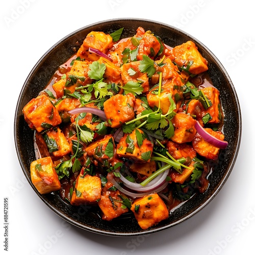 Board and plate of tasty Paneer Do Pyaza with on white background. photo